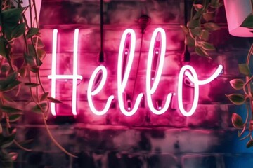 Canvas Print - neon text Hello light, background, night, greeting, bright