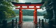 Japan red tori gate with lake background