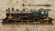 © Suralai - a construction blueprint in an exploded schematic style depicting instructions how to create the antique steam locomotive,generative ai