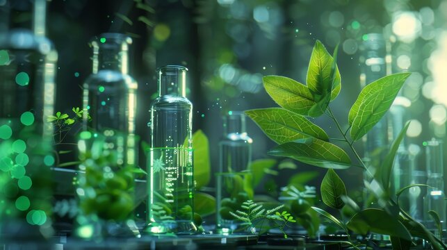 plants and leaves intermingle with scientific glassware in a laboratory, symbolizing the fusion of n