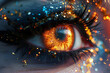Close-Up eines Auges, Goldene Iris, Abendsonne, Nahaufnahme, Glitzer Make-Up