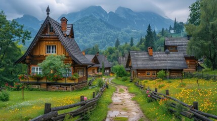 Wall Mural - Wooden folk museum in Zuberec village, Slovakia.