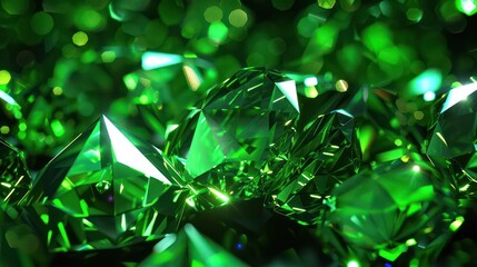 A high-resolution image of sparkling green diamonds with a bokeh effect in the dark, highlighting the facets and reflections