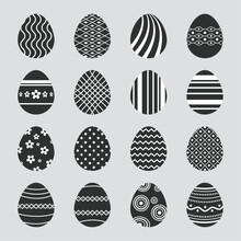 Easter Eggs Icons. Easter Day Festival. Vector Illustration. Black White Easter Eggs Set On White Background. Template For Festive Decorations, Postcards, Shop Windows, Logos, Etc,