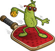 Pickle cartoon character with attitude zooming through the sky in a surfing position on a flying pickleball paddle and holding a yellow ball while wearing sunglasses
