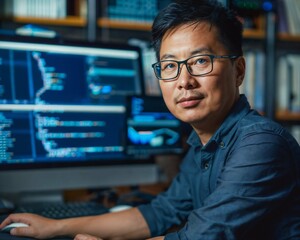 An Asian male programmer is sitting and working in the office via computer