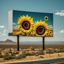 Billboard With Huge Sunflowers By The Side Of A Desert Highway In The Middle Of Nowhere, For Motifs Of Attraction And Ecotourism, Climate Change And Truth In Advertising