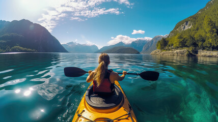 Rear view of a girl in a kayak floating on a sunny lake in the mountains.