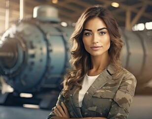 Strength and Beauty: Military Woman Posing Near Tank in Uniform