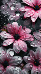 Wall Mural - elegant pink and white flowers and water droplets. Dark theme