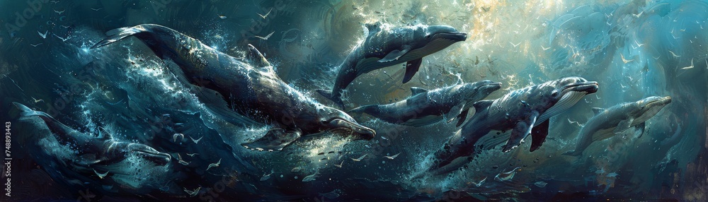 Captured in a dynamic and textured painting, a pod of humpback whales ...