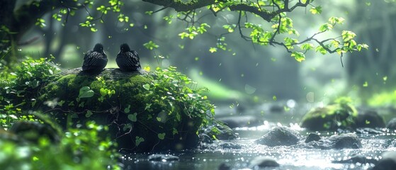 two birds sitting on top of a moss covered rock in the middle of a river surrounded by trees and rocks.