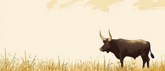 a bull standing in the middle of a field of tall grass with a sky in the background and a map of the