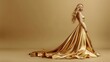 Golden Elegance: Flowing Satin Gown, elegant woman draped in a flowing golden satin gown, exuding grace and luxury against a monochromatic background