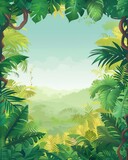 Fototapeta Pokój dzieciecy - A lush greenery illustration featuring leaves, floral elements, and jungle scenery with a blank frame in the center