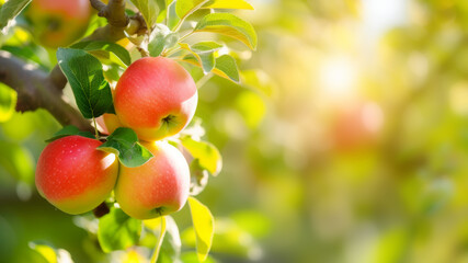 Wall Mural - Sun-kissed apples hanging from a tree branch, ripe for picking, evoke the freshness of an orchard in harvest, symbolizing natural, healthy eating. Copy space