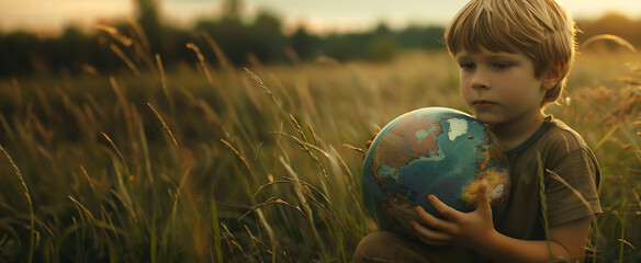 Wall Mural - Exploring Earth's Wonders: A Young Naturalist with Globe in Hand