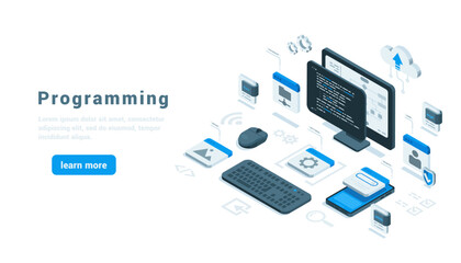 isometric computer and smartphone with a programming window and program elements, in color on a white background, programming or software development landing