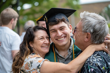 Wall Mural - A graduate celebrating with his parents, all smiling joyfully