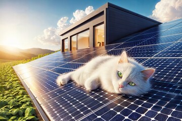 Wall Mural - A white cat lays on solar panels on the roof in the sun.  Harnessing energy in style!