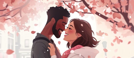 The lovebirds' happiness under the cherry tree. Fictional Characters.generative AI