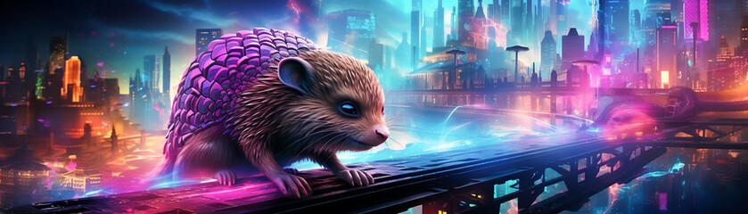 Holographic armadillo traversing a cyberpunk cityscape with neon tapas signs and cosmic nebula illusions tech noir style