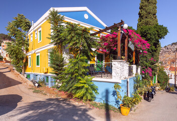 Wall Mural - Multi-colored facades of houses in the Greek village Symi on a sunny day