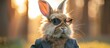 Against a blurred background, the formally dressed rabbit character displays a calm and friendly demeanor, while his relaxed atmosphere creates a pleasant harmony.