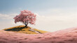 © Rafael Alejandro - Horizontal view of a serene pink landscape featuring a blossoming almond or cherry tree.