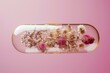 dietary supplements concept a pill capsule with flowers and herbs inside the capsule, pastel pink background