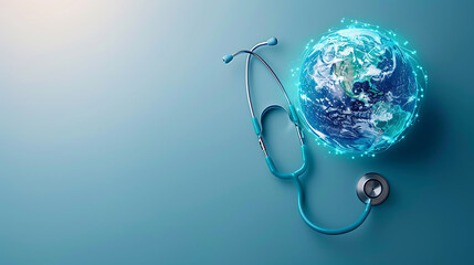 Sticker - Green Earth day, Save the wold and Global healthcare concept. Stethoscope wrapped around globe on blue background