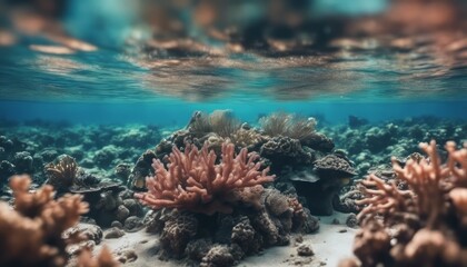 Wall Mural - Underwater coral reef seabed view with horizon and water surface split by waterline