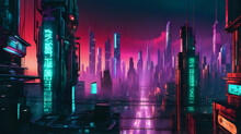 Futuristic cyberpunk city view from rooftops