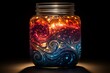 Colorful paint swirling in water, mesmerizing pattern in glass jar for creative designs
