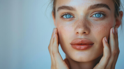 Wall Mural - close-up of a woman's face with her hands gently framing her cheeks.