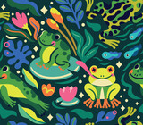 Fototapeta  - Funny cartoon frogs and tadpoles characters are jumping and swimming in the pond, seamless pattern