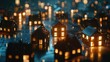 Illuminated Miniature Houses at Night, dreamlike miniature townscape glows warmly in the dark, with light spilling from the windows of small houses onto a reflective wet surface