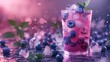 Chilled Blueberry Cocktail on Glossy Surface,  artistic portrayal of a plant-based drink with blueberries, ice, and liquid in a magenta glass