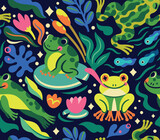 Fototapeta  - Bright cartoon frogs and tadpoles characters are jumping and swimming in the pond. Seamless pattern