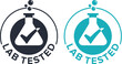 Lab tested sign in 2 variations - circular certificated proven stamp with check mark and laboratory flask in monochrome style 