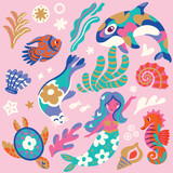 Fototapeta  - Collection of wonderful whimsical ocean creatures. Yogurt palette. Vector illustration