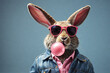 © Юлия Васильева - Funny rabbit wearing jeans jacket and pink sunglasses with chewing gum.