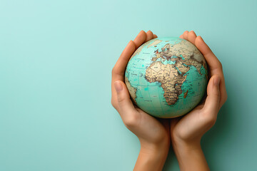 Wall Mural - Woman's Hands Holding Globe on Solid Light Blue Background