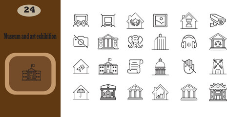 Wall Mural - museum and art exhibition editable stroke outline icons set isolated on white background flat vector