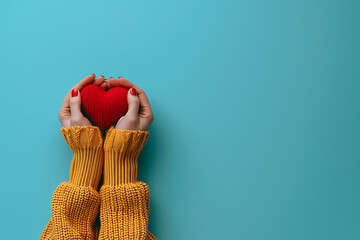 Woman hands holding a red heart on solid light blue background