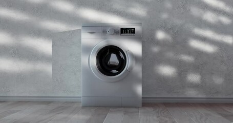 Poster - 4k Resolution Video: Modern White Washing Machine in Room with White Walls and Sun Shadows extreme closeup.