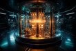 An advanced quantum computer enclosed in a glass casing, emitting an orange hue within a futuristic, circular chamber with ambient lighting