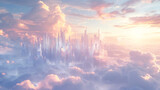Fototapeta  - Fantasy Cityscape Among Clouds at Sunset Illustration