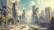 Post-Apocalyptic Cityscape with Overgrowth and Sunlight Illustration