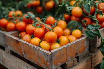 Sticker - Vibrant orange tomatoes fill a rustic wooden crate, showcasing organic and fresh produce from a market